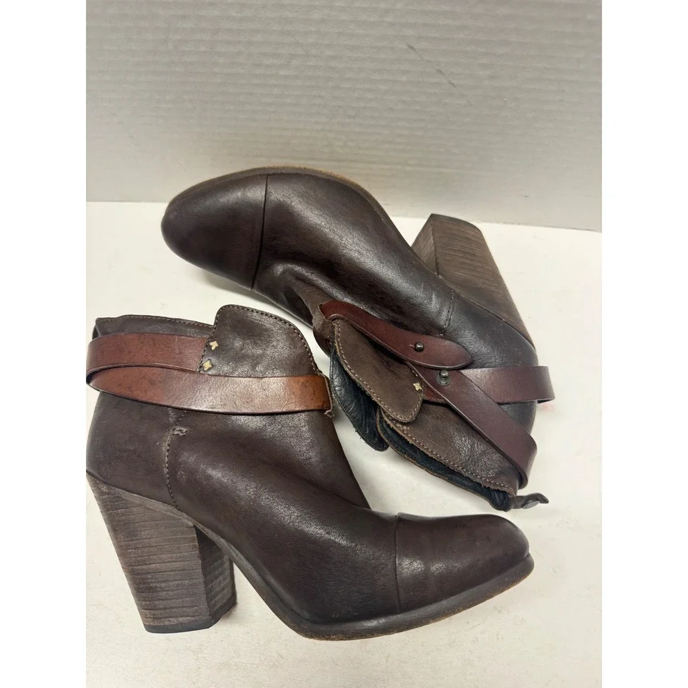 Rag & Bone Harrow Dark Brown Leather Wrap Strap Block Heel Ankle Boots Size 39 9